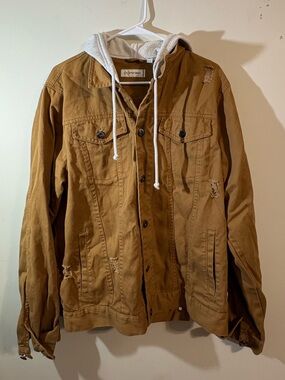 Departwest‎ brown canvas hooded trucker jacket men’s large distressed detailing